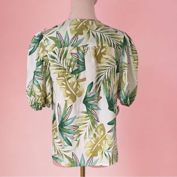 SIGRID OLSEN MEDIUM BLOUSE TOP PUFFY SLEEVES LINEN/RAYON GREEN TROPICAL PRINT - Picture 3 of 7